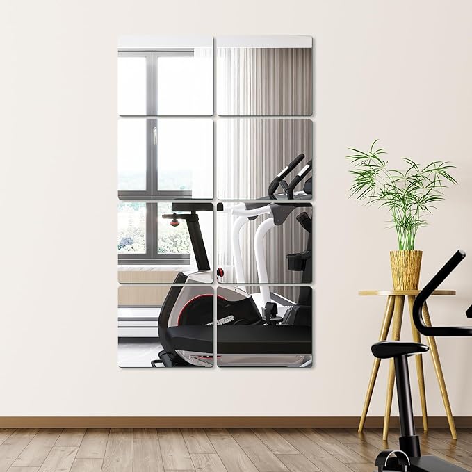 JAMBALAY Home Gym Mirrors for Gym, 8Pcs 12″×14″ HD Glass Full Length Wall Mirror Tiles, Self Adhesive Frameless Wall Mirror for Bedroom, Living Room, Over The Door