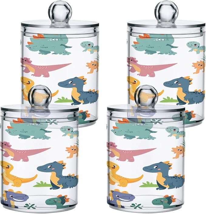 Nander 2Pack Cartoon Dinosaur Qtip Holder Dispenser -Clear Plastic Apothecary Jars Set - Restroom Bathroom Makeup Organizers Containers for Cotton Swab, Ball, Pads, Floss