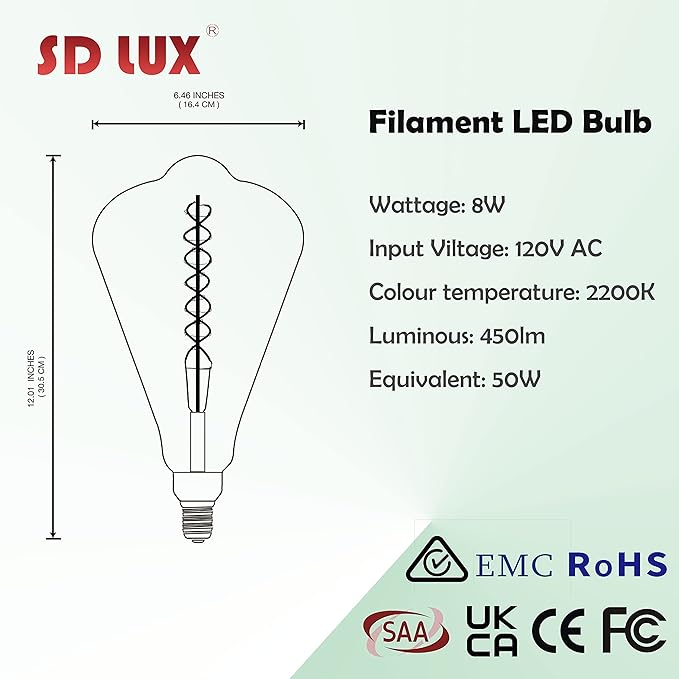 SD LUX Oversized Vintage Giant LED Light Bulb Huge Edison Bulb - Dimmable, 8W 450LM (50W Equi), Warm White 2200K, Medium E26 Base - Perfect for Decorative Pendant Lighting, 1 Pack(ST164)