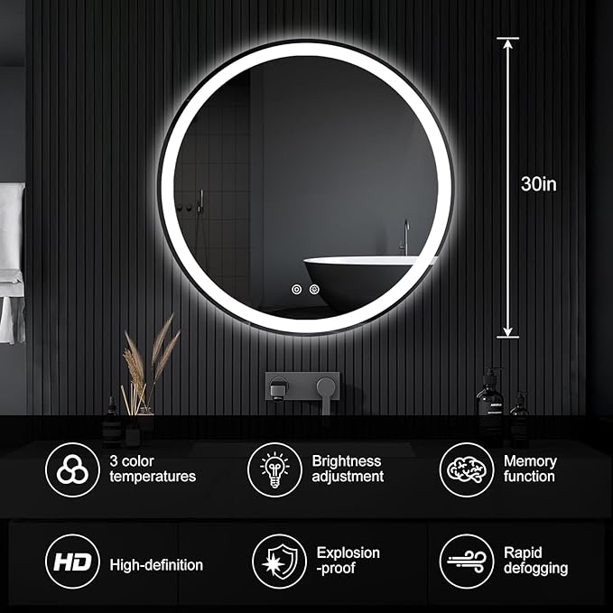 NEWBULIG 30 Inch Round LED Bathroom Wall Mirror with Lights, Light up Vanity Bathroom Mirror for Over Sink, Anti-Fog and Dimmable, Front Light and Backlit, Memory Function, Shatter-Proof, White