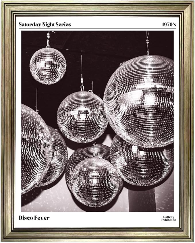 Disco Ball Music Wall Art, Vintage Framed Print Posters for Room Aesthetic Decor, Trendy Retro 70s Decor Funky Wall Art, Preppy Bar Cart Canvas Artwork