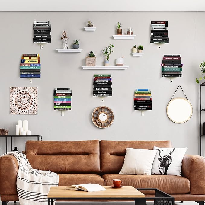Floating Book Shelves for Wall, 4 Tier Invisible Floating Bookshelf, Vertical Spine Book Tower, Wall Mounted & Space Saving, Heavy Duty Metal Book Organizer for Home Office, 2 Pack White