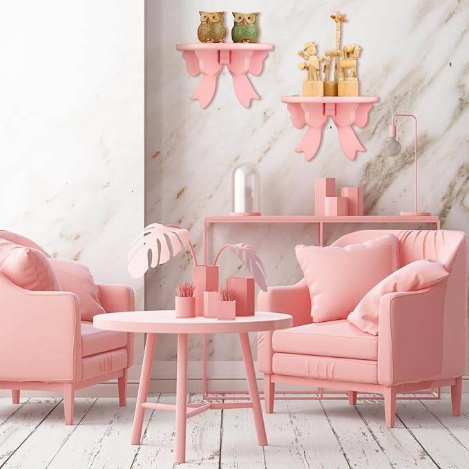 Pinkunn 2 Pcs Bow Floating Shelves Kawaii Shelf Book Stand Farmhouse Rustic Corner Wall Shelf Wooden Bow Tie Rack Princess Room Decor for Nursery Home Bedroom Office Wall Decor(Pink)