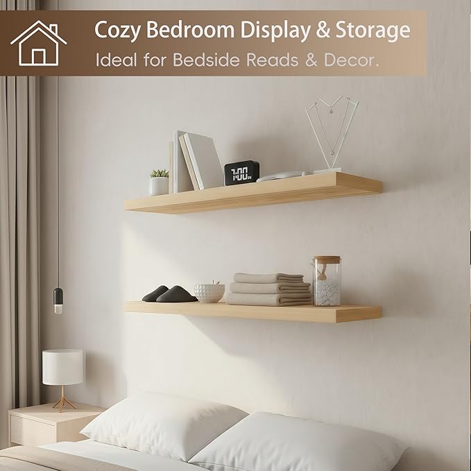 Lufia Floating Wall Shelves, Set of 2, MDF with Invisible Brackets, Modern Storage for Bedroom, Bathroom, Living Room, Kitchen (Oak, 24" W x 7" D x 1.5" H)