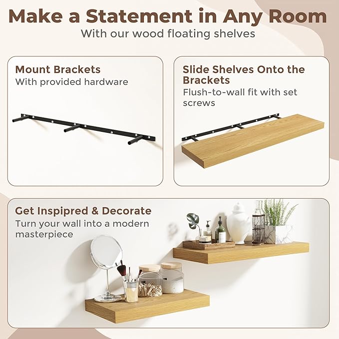 Fun Memories 12 Inch Deep Floating Shelves, 67 Inch Long Extra Large Floating Shelves for Home & Office, Wall Shelves with Invisible Bracket, Oak, Set of 2