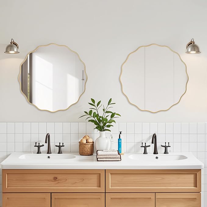 26" Wavy Mirror Scalloped Farmhous Modern Wood Farme Mirror Wall Decor for Bathroom Entryway Living Room Bedroom Hallway