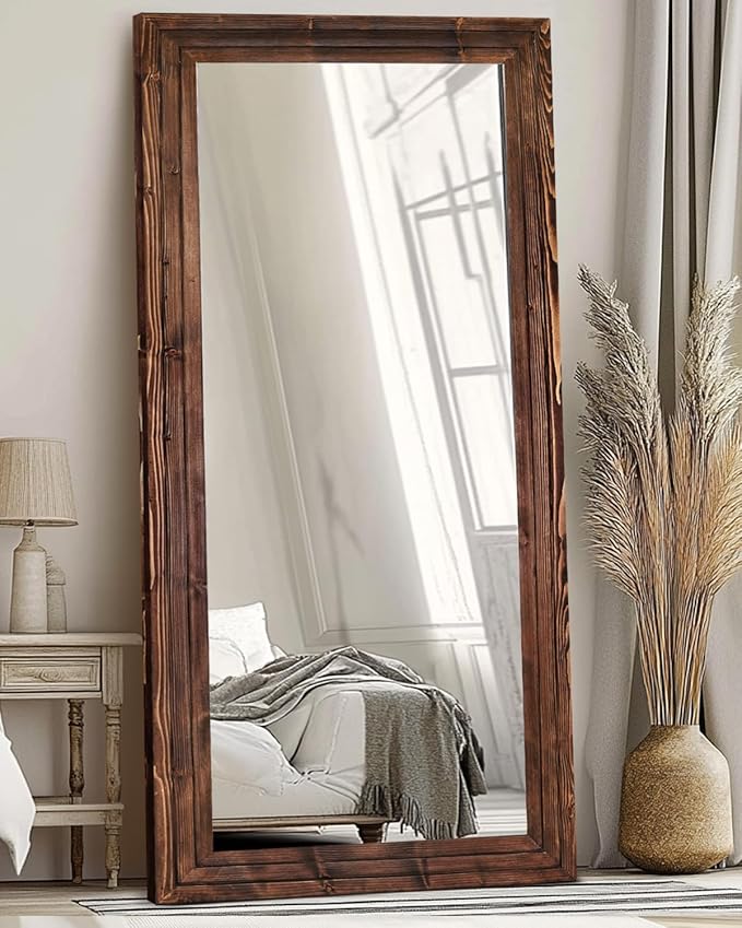 Full Length Mirror 76"x34" Solid Wood Frame Floor Large Mirror for Living Room, Bedroom Hanging or Leaning Wall-Mounted, Brown