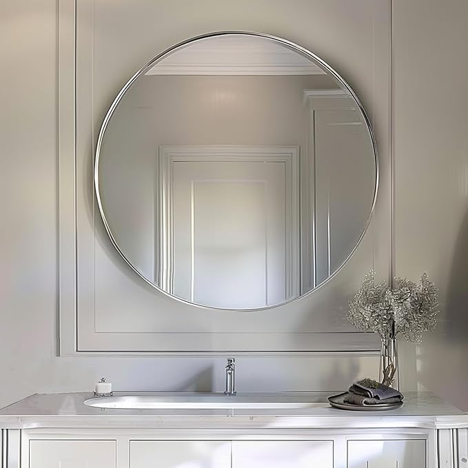 Sunniry Silver Round Mirror 18 inch, Silver Circle Mirror, Circle Bathroom Mirrors Metal Frame, Round Mirrors for Wall, Bathroom, Vanity, Bedroom.