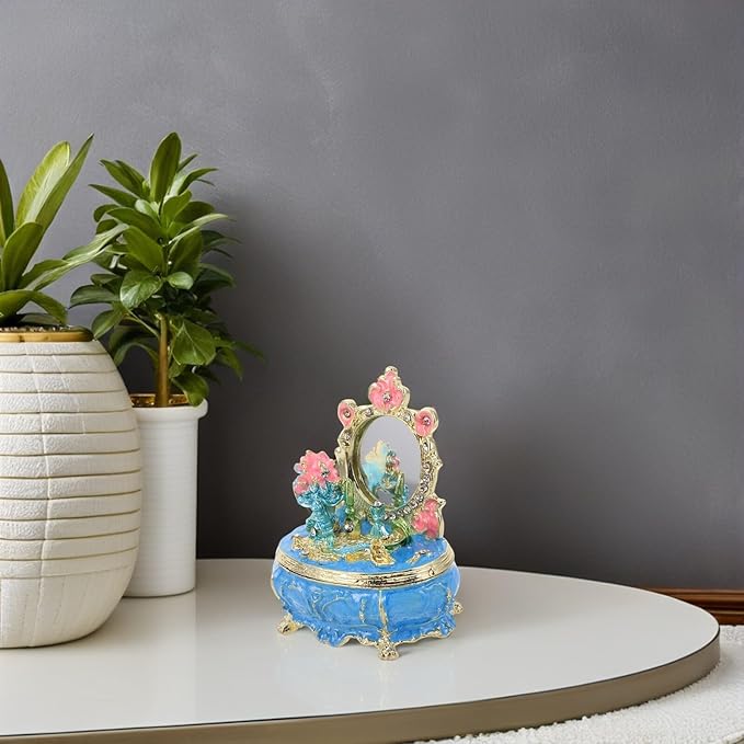 POPETPOP Enamel Jewelry Trinket Box Hand-painted Metal Decorative Storage Case with Hinged Lid Blue for Dressing Table Makeup Room Organizer