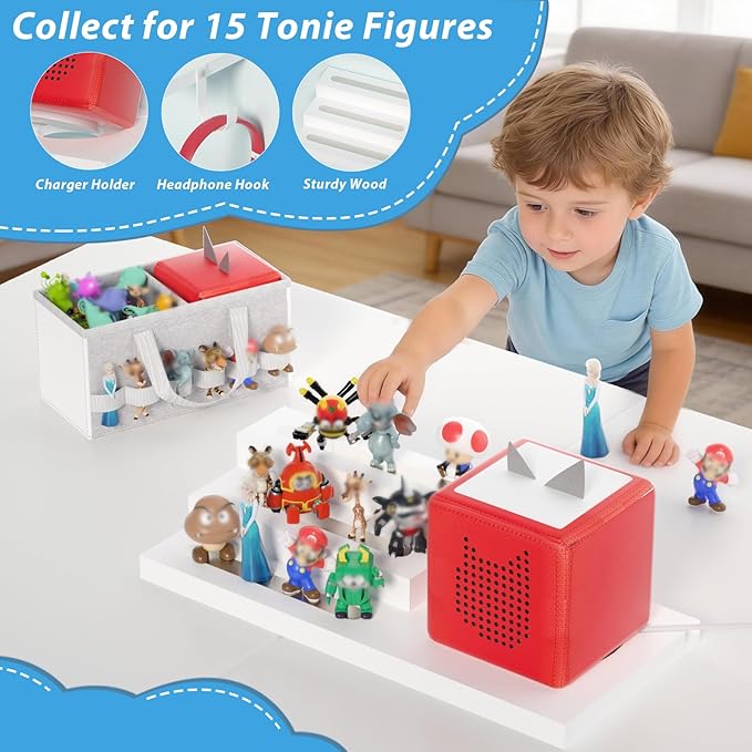 for Tonie Shelf Magnetic - Wooden Tonies Organizer with Carrying Bag, 3 Tiered Magnetic Display Shelf for Toniebox Holder, Wall Mount/Countertop Use Tonies Toy Storage for Kids Room/Playroom (White)