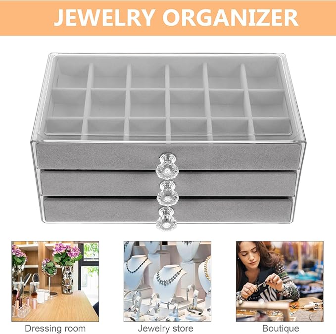 KALLORY Transparent Drawer Jewelry Organizer Box Earring Display Holder Large Capacity Ring Necklace Storage Case for Women Gray Trinket and Makeup Organizer