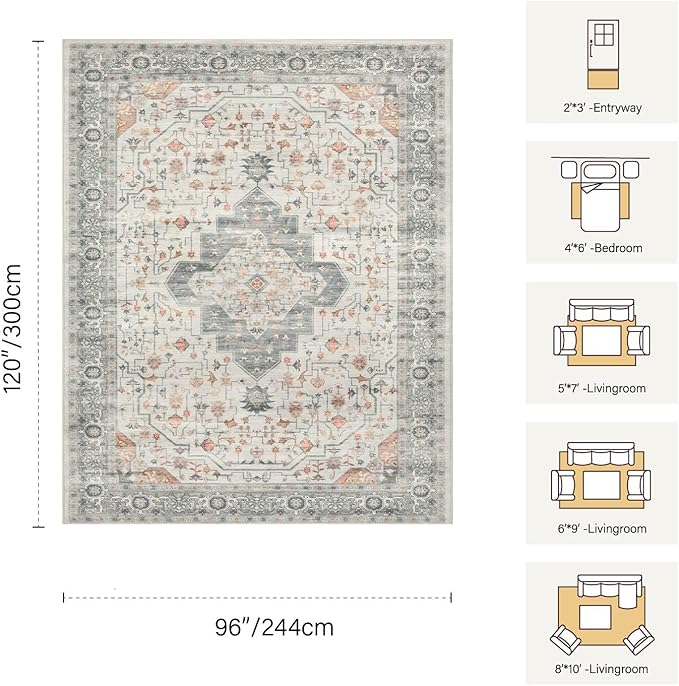 Rugxara 8x10 Washable Area Rug for Living Room, Vintage Neutral Extra Large Boho Rugs for Office, Kids Room, Farmhouse, Durable Low Pile Non Slip Carpet for High Traffic Areas, Taupe