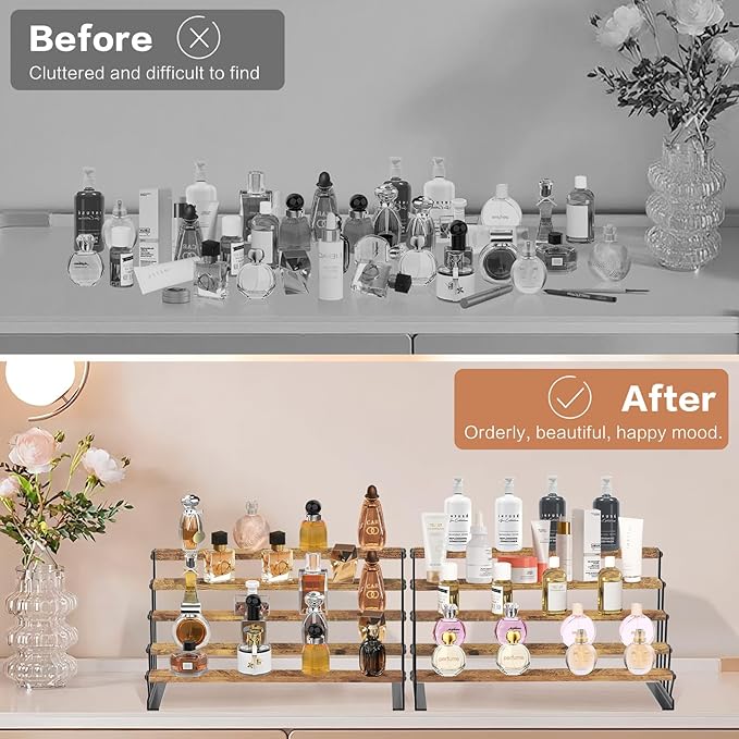 KALYLOC 5 Tier Wooden Display Riser Stand 13.8 Inch Metal Step Perfume Stand Organizer Tabletop Tiered Display Shelf Rack for Cologne Cupcake Spice Figures Cosmetics Candles (Brown, Z-Shape)