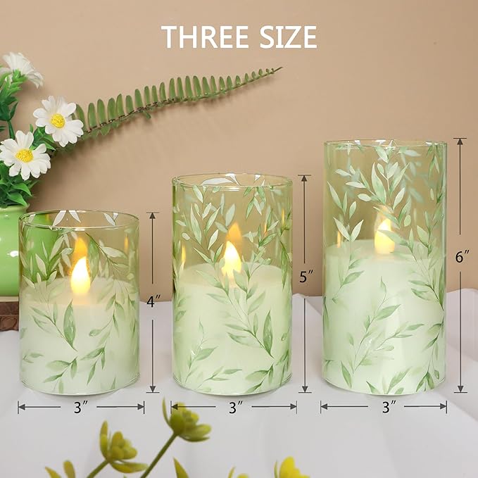 Glass Flameless Candles Green Decor Willow Leaves Vines Greenery Battery Operated LED Pillar Candles for Elegant Home Botanical Decor Special Occasions, Set of 3