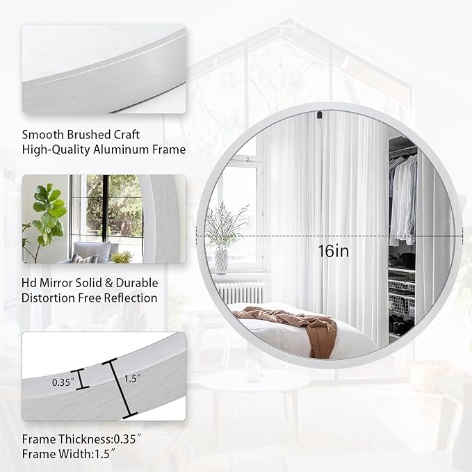 JJUUYOU Round Wall Mirror 16 Inch Metal Circle Wall Mirror for Bathroom Silver Circular Mirror Washroom Wall Mounted Make up Mirror for Living Room, Bedroom Dorm