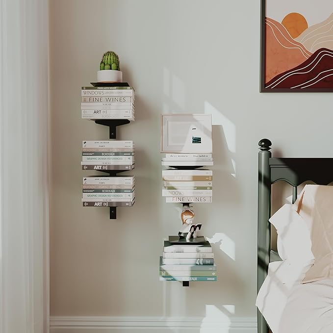 Floating Book Shelves for Wall, 4 Tier Invisible Floating Bookshelf, Vertical Spine Book Tower, Wall Mounted & Space Saving, Heavy Duty Metal Book Organizer for Home Office, 2 Pack Black
