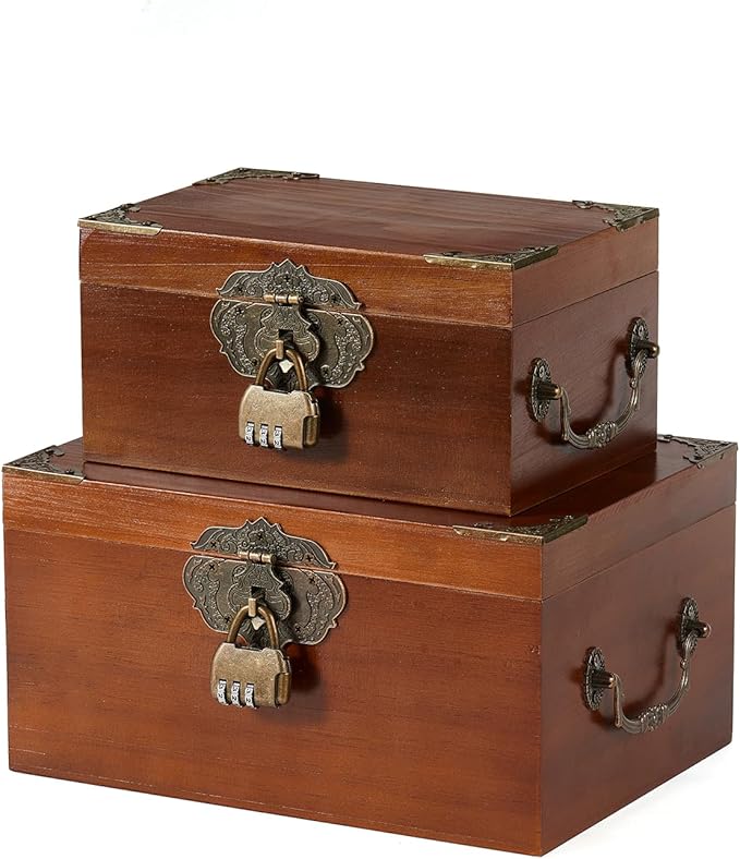 2PCS Decorative Wooden Storage Box with Lids Handmade Memory Box for keepsakes Treasure Chest Box with lock Vintage Wood Baskets Metal Handle Jewelry Desk Organizer Container, Walnut