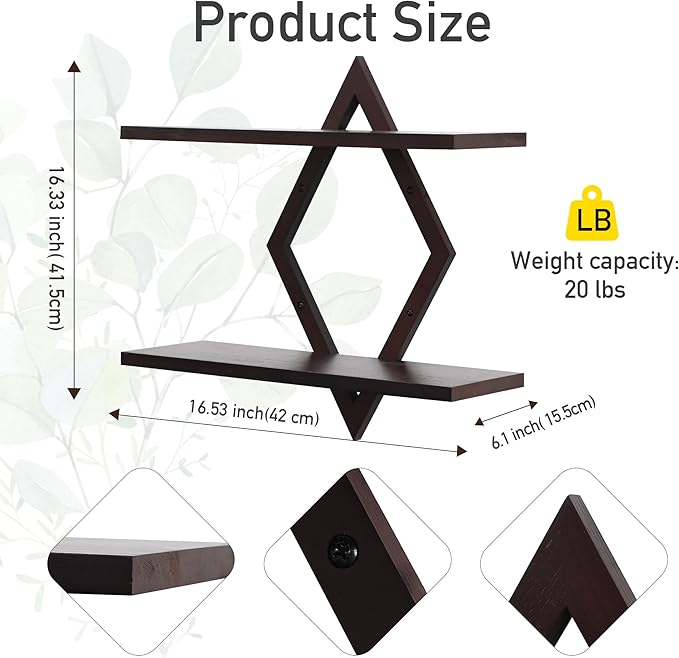 Floating Shelves for Wall,Decorative Wall Shelf,2 Tier Hanging Shelf for Plants Storage Display Holder,Indoor Decor for Living Room Home Office Bathroom Bedroom,Solid Wood,Diamond Shaped,2 Pack,Walnut