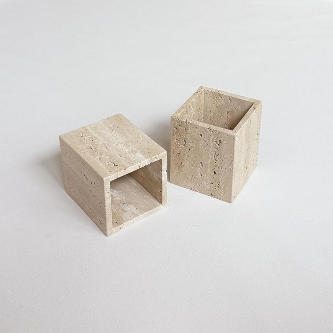 Natural Marble Stone Square Storage Container Empty Vessel Holder Cup for Candle/Pens/Sundries items (Beige Travertine)