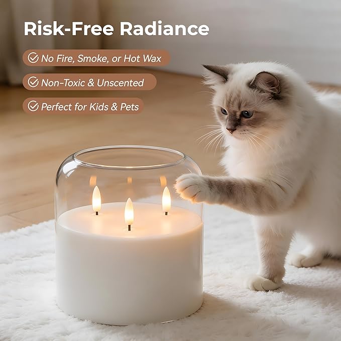 3 Wick Glass Flameless Candle with Remote and Timer, 6"x6" Extra Large Real Wax LED Pillar Candle Battery Operated with 3D Flickering Flame for Festival Wedding Home Party Decor (Clear)
