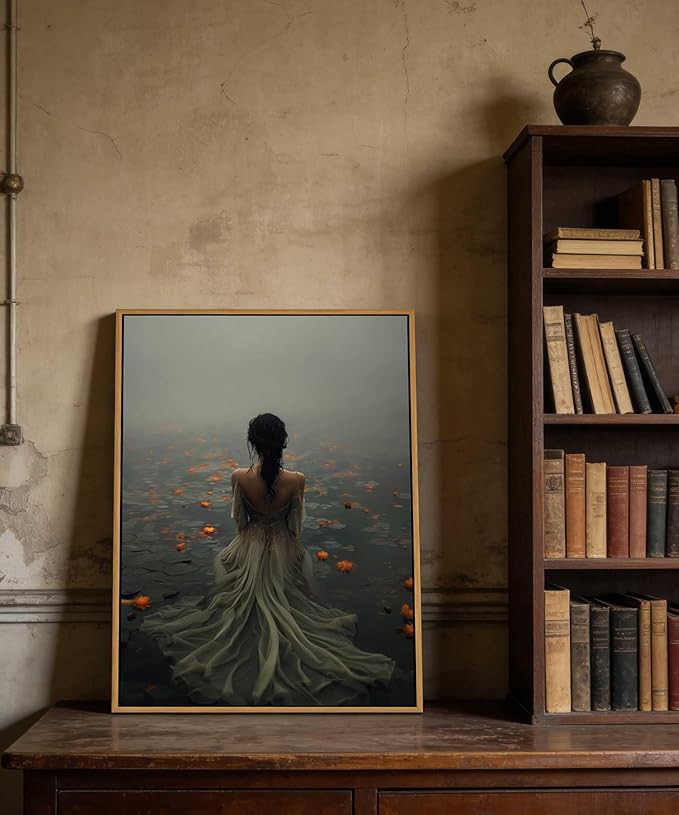 Framed Dark Academia Wall Art Lady in the Lake Moody Victorian Wall Decor Pictures Gothic Cottagecore Posters Prints Vintage Halloween Aesthetic Paintings for Gallery Bedroom Decoration 8x10in