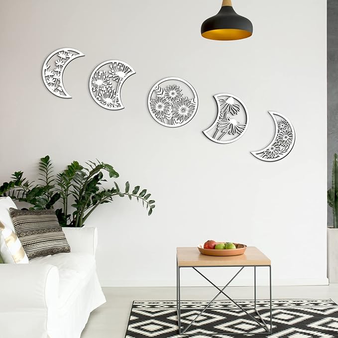 Jetec 5 Pcs Moon Phase Wall Art Decor Wall Pediments Hanging Wooden Phase Spiritual Bedroom Nordic Boho Lunar Aesthetic Art for Living Room Dorm Apartment Ornament(White,10.6 Inch,Flower)
