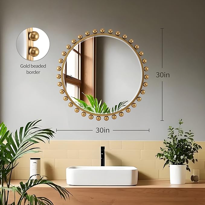 30 Inch Round Wall Mirror with Antique Gold Ball Frame, Beveled Decorative Round Accent Mirror, Vintage Gold Sunburst Style Mirror for Bedroom, Living Room, Entryway, Hallway & Wall Decor