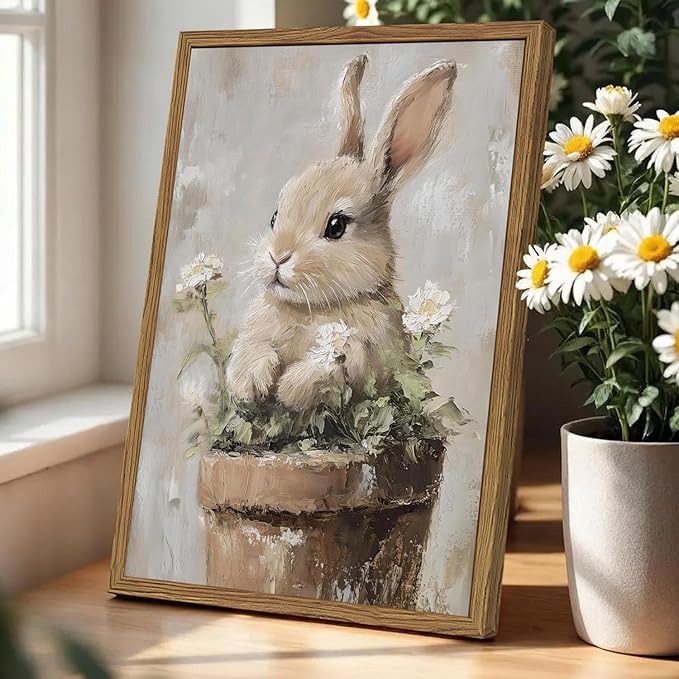 Framed Vintage Easter Bunny Wall Art, Cute Cottagecore Rabbit Floral Pictures Wall Decor, Spring Farmhouse Animal Paintings Prints Rustic Home Decor for Living Room Bedroom Nursery 16x24 inch
