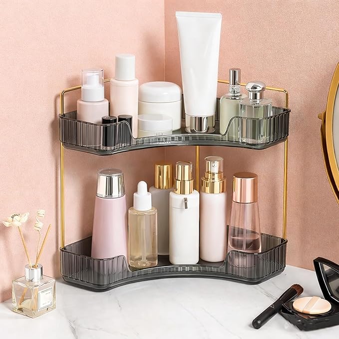 Multi-Tier Corner Countertop Organizer Rack, 3-Tier 90° Space-Saving Bathroom Counter Organizer, Tool-Free Makeup and Skincare Shelf for Vanity, Dresser, Kitchen and Toiletries (Green-2tier)