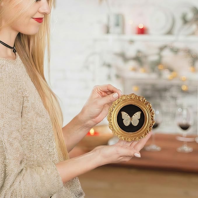 Small Vintage White Butterfly Round Picture Frame Wall Decor, Dark Insect Gold Mini Ornate Photo Frame for TableTop Desk 2.7in Photo, Gothic Framed Artwork for Walls Office Bedroom Shelf