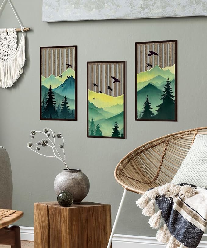 Putuo Decor Forest Mountain Wall Art Set of 3, Nature-Inspired MDF Cut-Out Panels with Bird and Tree Silhouettes, Rustic Wall Decor for Living Room Bedroom Cabin Office