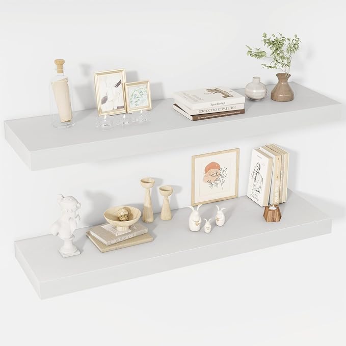 Acovy 40 Inch Floating Shelves, 12" Deep Floating Shelf Wall Mounted, 40" Wall Shelves, Rustic Deep Bookshelf, Extra Deeper & Thicker Display Shelves for Bedroom, Living Room, White, Set of 2