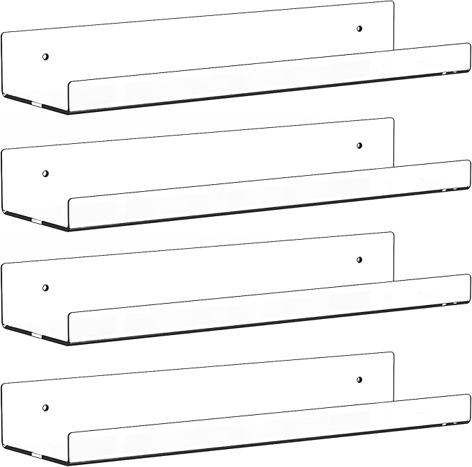 4 Pack Clear Acrylic Shelves for Wall with Adhesive,15 Inch No Drill Floating Shelves for Bathroom,Bedroom,Renter Friendly,Kids Room Bookshelf,Wall Display Shelf for Lego,Funko Pop,Figurine,Perfume