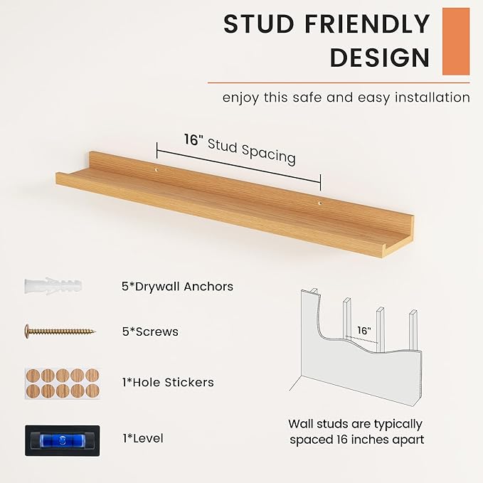 FLYJOE Picture Ledge Shelf, Floating Shelves Set of 2, 32 Inches Nursery Book Shelves for Toys Storage, Kids Bookshelf Wall Mounted for Living Room Bedroom Decor Books Photo Frames, Natural Oak