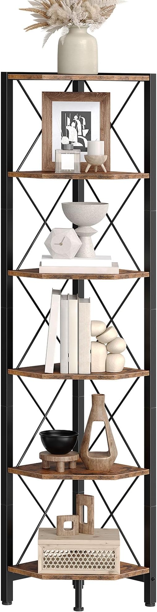 CHOEZON 6-Tier Corner Shelf, Corner Bookcase, 66.9" Tall Vertical Display Rack, Plant Stand, Open Storage Shelf, for Living Room, Bedroom, Study, Kitchen, Rustic Brown and Black TCJ13BF
