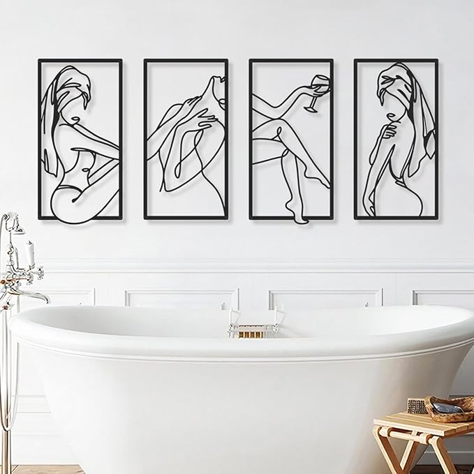 Bakovity Black Metal Bathroom Wall Art, Minimalist Woman Line Wall Decor, Metal Wall Decor for Bathroom Bedroom Living Room (4 Pcs,17 x 9 in)