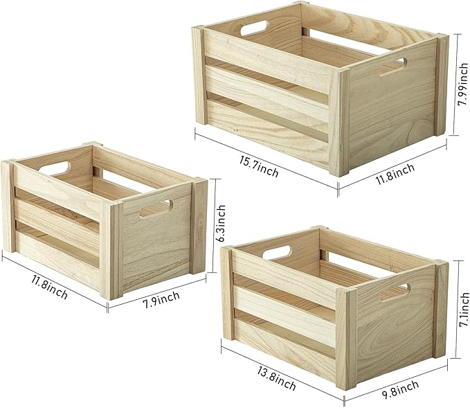 Wooden Crate,Large Nesting Wood Crates with Handles , Decorative Hand Crafted Box Rustic boxes Storage Container for Display, Decor, 2 Side Wooden Clauses. Baskets-Burlywood，Set of 3