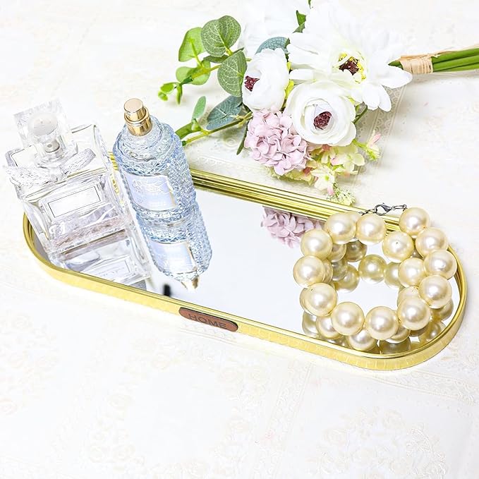 Gold Mirrored Vanity Tray, Large Oval Stainless Steel Perfume Organizer, Decorative Glass Mirror Tray for Jewelry, Makeup, Skincare, Bathroom Countertop & Dresser Decor (Oval-Large)