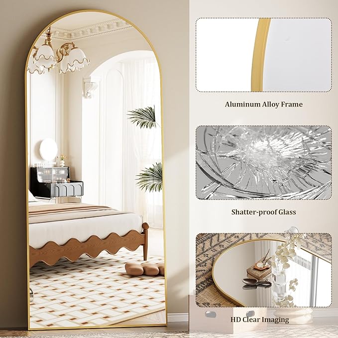 Prywot Full Length Mirror, Oversized 81"x41" Arched-Top Floor Mirror, Free Standing Mirrors, Modern Full Body Mirrors with Aluminum Alloy Frame for Bedroom,Living Room, Gold