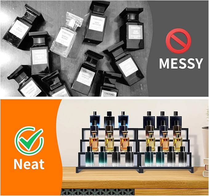 Cologne organizer for men 4 Tier Wooden Cologne Display Organizer Stand Waterproof Anti-Slip Cologne Shelf for Perfume Fragrance Makeup Figures Cupcake Dessert Black Wood Display Stand Riser