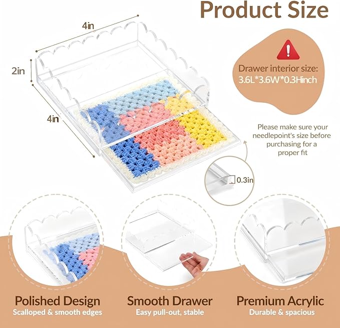 Acrylic Trays for Needlepoint 4" x 4", Scalloped Acrylic Tray with Drawer for Insert Needlepoint, Photos, Art, Fabric, Napkin, Messages Display Basket, Decorative Tray Gift for Home Office