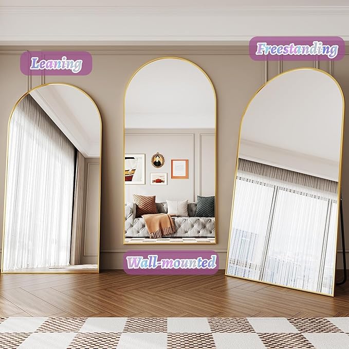 Full Length Mirror, 41"x81" Arched Floor Mirror Freestanding, Floor Standing Full Body Mirror with Stand for Bedroom, Hanging Mounted for Living Room Cloakroom, Gold