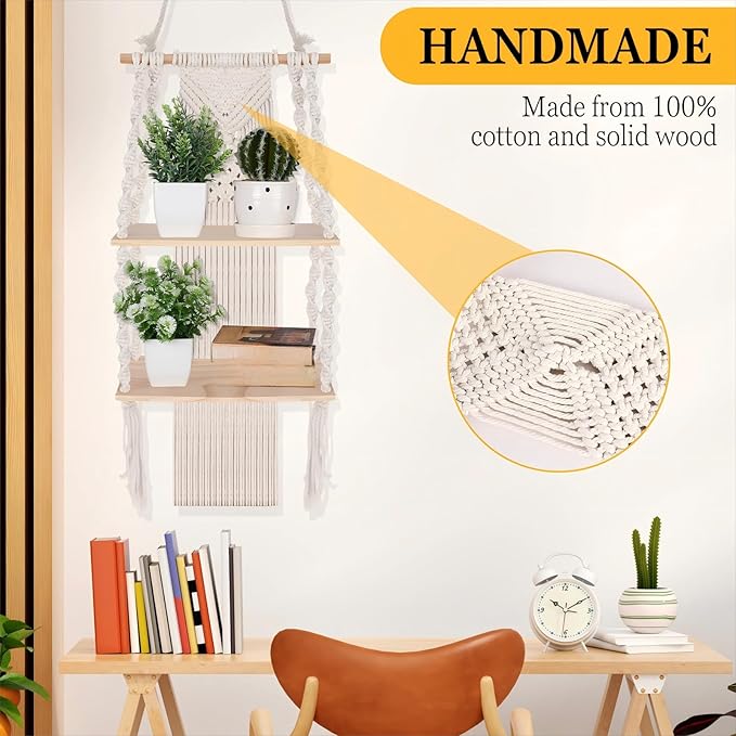 Barydat 1 Pack Macrame Wall Hanging Shelf 2 Tier Handmade Boho Hanging Wall Shelf Floating Woven Rope Decorative Storage Racks Holder Organizer for Home Bedroom Bathroom Plants, Beige (Classic)