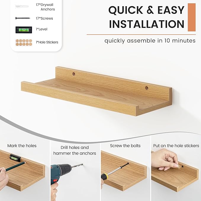 FLYJOE Picture Ledge Shelf, Small Floating Shelves Set of 8, 16 Inches Nursery Book Shelves for Toys Storage, Kids Bookshelf Wall Mounted for Living Room Bedroom Decor Books Photo Frames, Natural Oak
