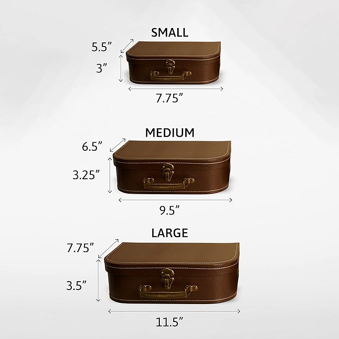 wald imports - Set of 3 Paperboard Suitcases - Decorative Storage Boxes - Suitcase Set for Decoration, Storage, and More (Brown)