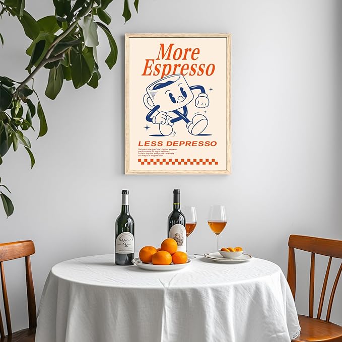 Cyebmo Funny Coffee Wall Art, Vintage Cafe Kitchen Wall Decor, More Espresso Less Depresso Art Prints, Beige Dorm Poster Print for Home Office Coffee Bar Kitchen, Wood Framed Ready to Hang 12x16 Inch