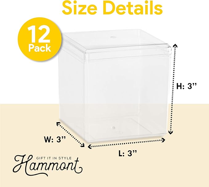 Hammont Acrylic Box - Party Favor Gift Boxes - Clear Cube with Rounded Edges for Gifts, Weddings, Treats, Candies & Accessories - Square Home Storage Boxes | 3”x3”x3 (12 Pack)