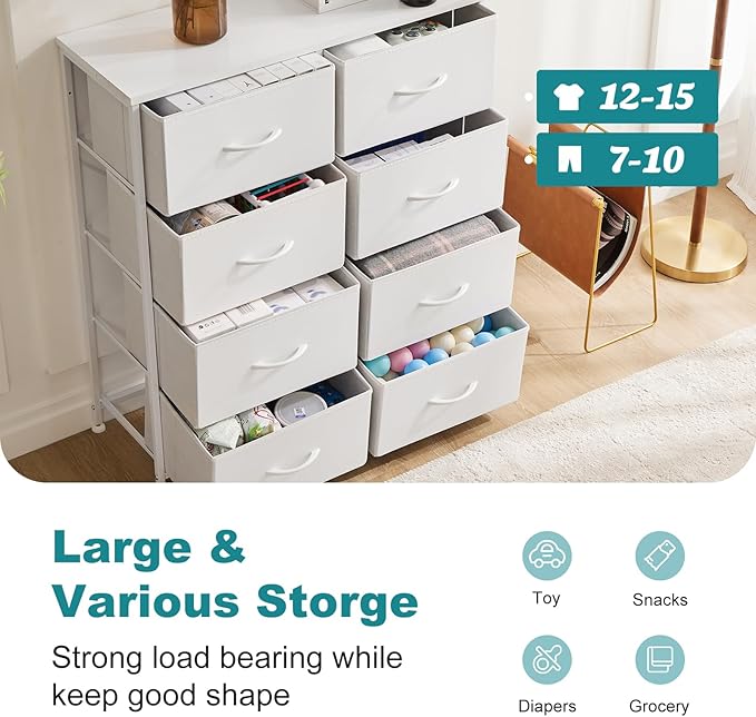 OLIXIS 8 Drawer Storage Dresser with Wood Top - Wide Fabric Chest Organizer for Bedroom, Closet, Living Room,Tower Cabinet, TV Stand, Hallway Entryway Furniture,White
