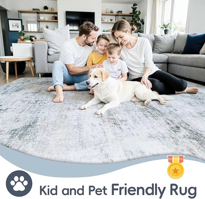 8x10 Area Rugs Washable Rug:Anti-Skid Abstract Modern Living Room Rug Soft Thin Carpets Indoor Floor Non-Shedding Carpet for Bedroom Dining Farmhouse Nursery Home Office(Blue/Grey/Gold/White, 8x10)