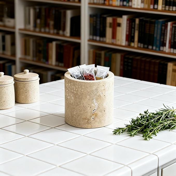 Natural Marble Storage Round Containers Cotton Swab Holder, Organizers with Lids,Travertine Stone Box for Qtips, Makeup, Bathroom Essentials & Home Storage (round box)